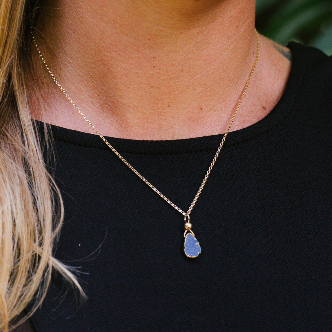 Julianna Blue Druzy and Gold Contour Almendra Pendant Necklaces Sayulita Sol