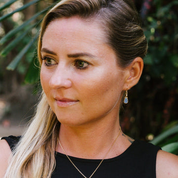 Julianna Earrings, Blue Druzy Almond with contoured Gold Vermeil Earrings Sayulita Sol 