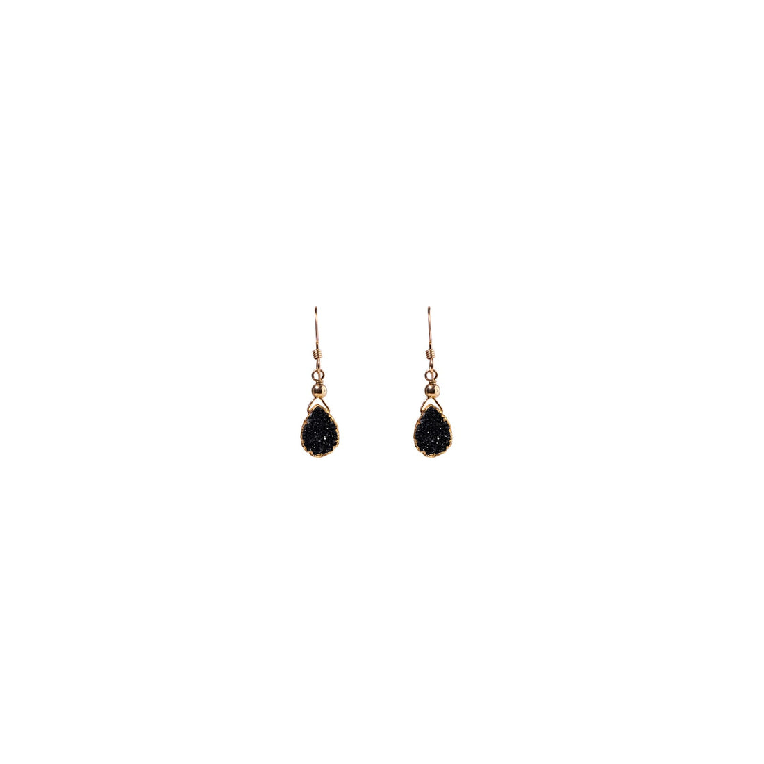 Julianna Earrings, Black Druzy Almond with contoured Gold Vermeil Earrings Sayulita Sol 