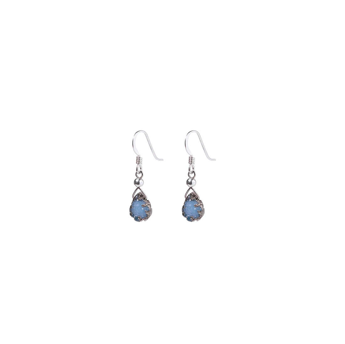 Julianna Earrings, Blue Druzy Almond with Contoured Silver Bezel Earrings Sayulita Sol 