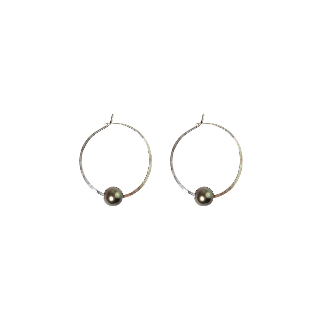 Kasia Earrings, 1.25" Silver Hoop and Black Pearl Earrings Sayulita Sol 