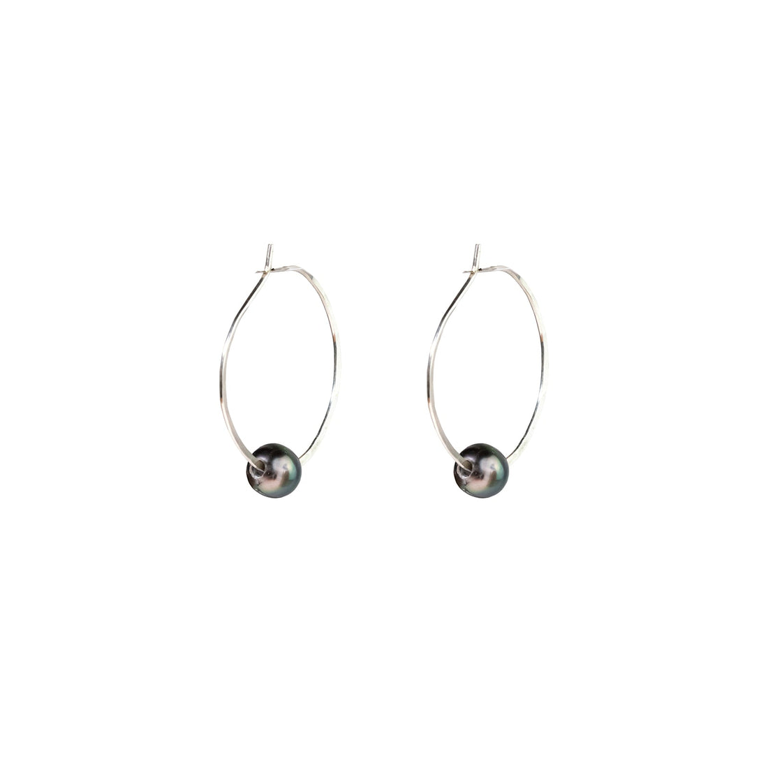 Kasia Earrings, 1.25" Silver Hoop and Tahitian Black Pearl Earrings Sayulita Sol 