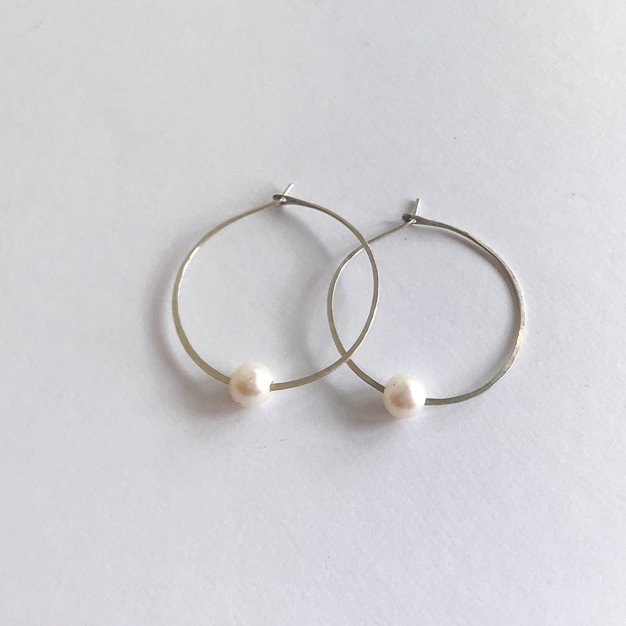 Kasia Earrings, 2" Silver Hoop and White Pearl Earrings Sayulita Sol 